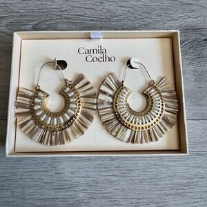 NIB Camila Coelho Gold Tone Raffia Fringe Statement Hoop Earrings Beige